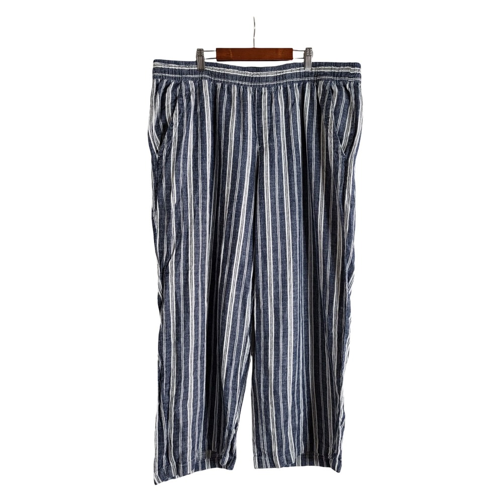 Old Navy High Rise Wide Leg Linen Blend Striped Pants Blue White XL Boho Surf